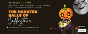Join us October 31st, 5–7 PM for a free Halloween extravaganza! Trick-or-treat, play games, enter the costume contest, explore the haunted house, enjoy arts & crafts with the Sonoma County library, and win prizes. Fun for the whole family—don’t miss it! Please note: The Haunted House features frightening themes and live scare actors. Recommended for ages 10+