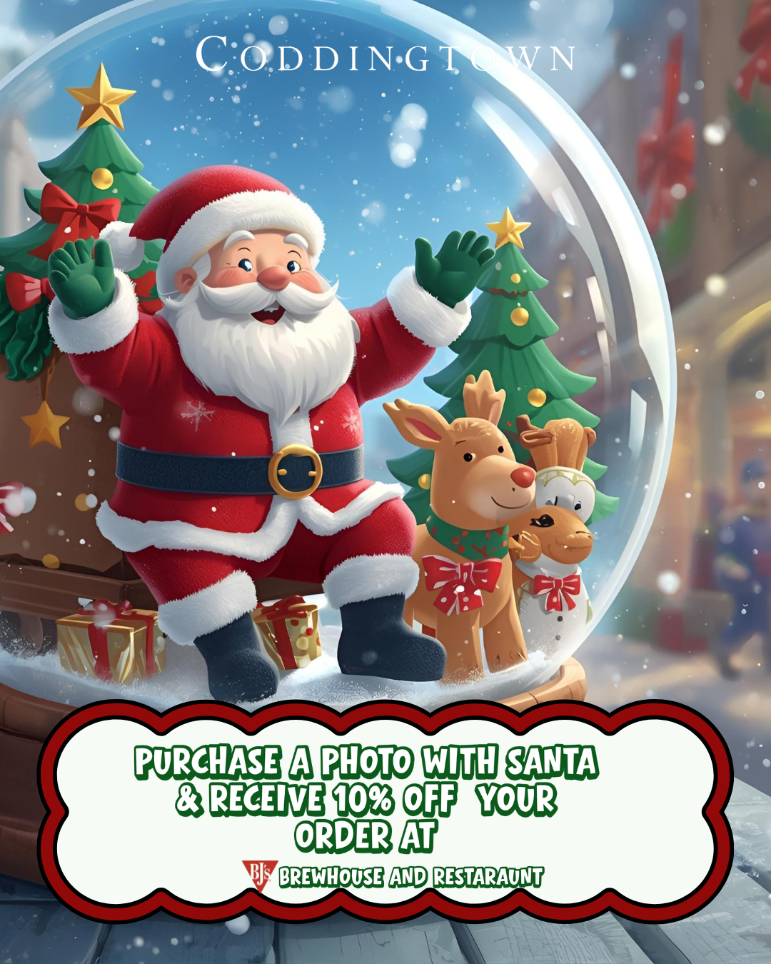 Holiday Cheer at Coddingtown! ✨🦌 Snap a photo with Santa and enjoy a jolly 10% OFF your order at BJ’s Brewhouse & Restaurant! 🎁🍽️ Bring the family, share the magic, and save while you’re at it. ❤️ 2025 Photos with Santa Purchase only