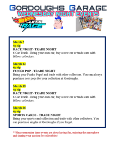 Wednesday Night events at Gordoughs Garage. See store for details.