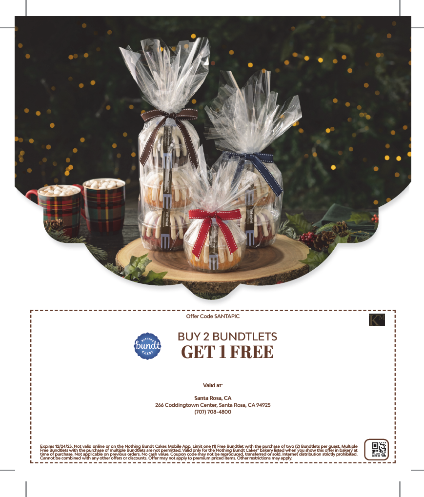Buy 2 get 1 free Bundtlet at Nothing Bundt Cakes. Disclaimer must show Proof of Photo Purchase with Coddingtown Santa in order to receive the deal.